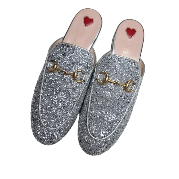 Gucci Princetown Size 37.5 US 7.5 Leather Mule Silver Glitter Slipper - Picture 2 of 9
